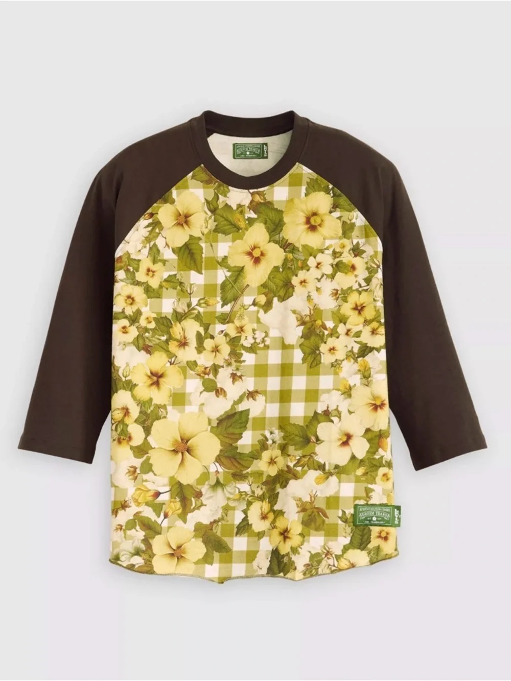 Levi's Denim Tears Men's Green Gold Floral Plaid Baseball Tee 3/4 Sleeve, XL, S